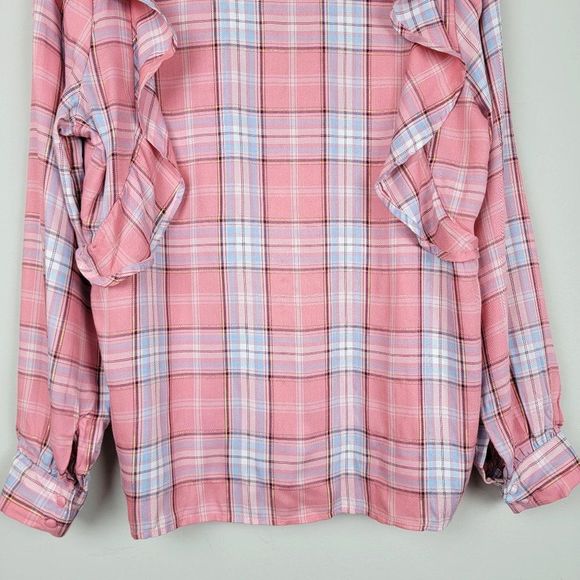 Bobeau Pink Blue Ruffle Button Down Long Sleeves Plaid Babydoll Shirt Size XS - Picture 9 of 12